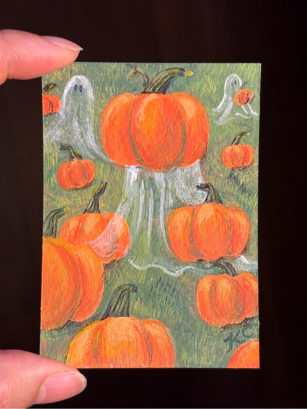 ACEO Original Cute Spooky Ghost Pumpkin Patch Picking Halloween - PaperTrailbyKC